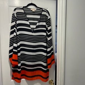 Michael Kors 3X navy and white striped/ orange stripes at bottom of top